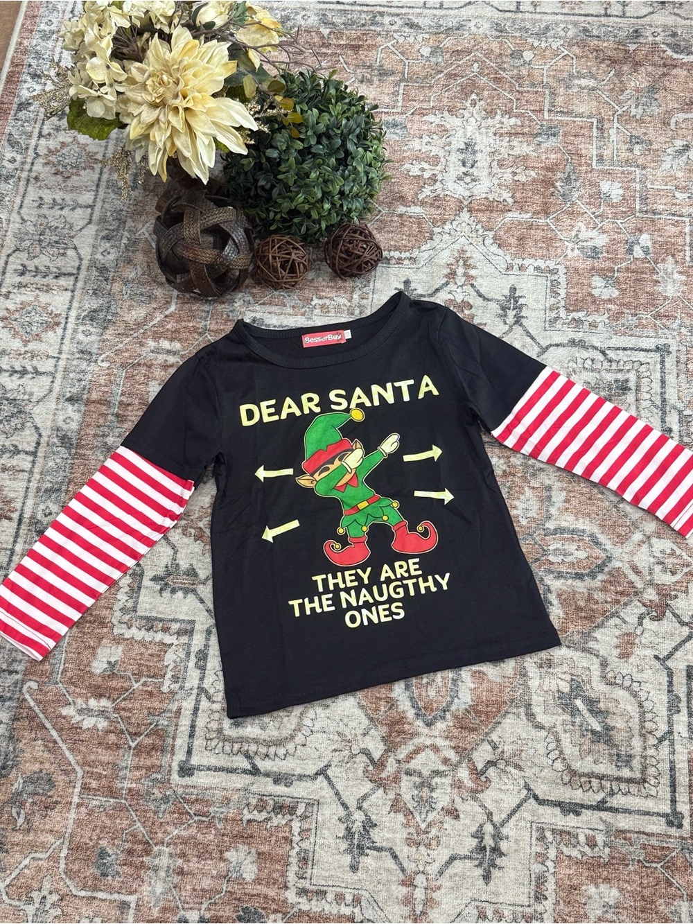 Wonderkids Black Holiday Elf Long-Sleeve Top with Red & White Striped Sleeves